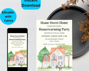 Editable Housewarming Invitation, Instant Download, Housewarming Party Invitation Template , Phone Evite, First Home, New Home Invitation