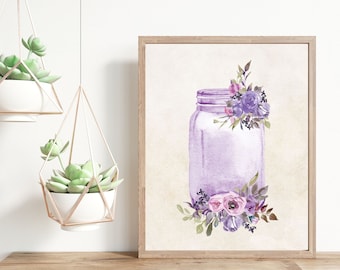 Watercolor Flower Bouquet in Mason Jar, Floral Wall Art, Rustic Wall Décor, Mason Jar Décor, Farmhouse Wall Art, Printable Wall Art
