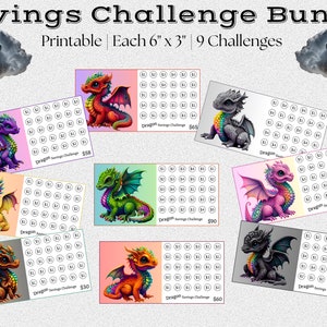 K&ouml;nnte beinhalten: Ein Set aus neun druckbaren Spar-Challenge-Karten mit Drachen-Motiv. Jede Karte zeigt einen Drachen in einer anderen Farbe mit einem Sparziel von 30 &euro;, 50 &euro;, 58 &euro;, 60 &euro;, 65 &euro;, 68 &euro;, 70 &euro;, 90 &euro;. Die Karten sind 15,24 cm x 7,62 cm gro&szlig;.