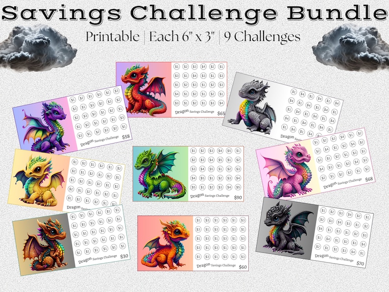 K&ouml;nnte beinhalten: Ein Set aus neun druckbaren Spar-Challenge-Karten mit Drachen-Motiv. Jede Karte zeigt einen Drachen in einer anderen Farbe mit einem Sparziel von 30 &euro;, 50 &euro;, 58 &euro;, 60 &euro;, 65 &euro;, 68 &euro;, 70 &euro;, 90 &euro;. Die Karten sind 15,24 cm x 7,62 cm gro&szlig;.