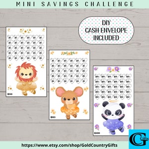 Tanzender Löwe, Maus, Panda Spar-Challenge Bundle & Bargeld-Umschlag, Spar-Tracker, A6 Mini Spar-Challenge Bundle