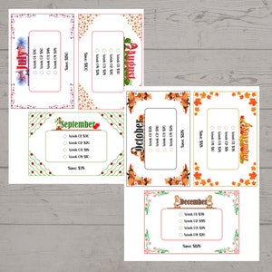 May include: A printable checklist for saving money on weekly groceries. The checklist is divided into months, with each month having a different color and design. The months included are July, August, September, October, November, and December. Each month has a list of weeks with a price for each week. The checklist also includes a total savings amount for each month.