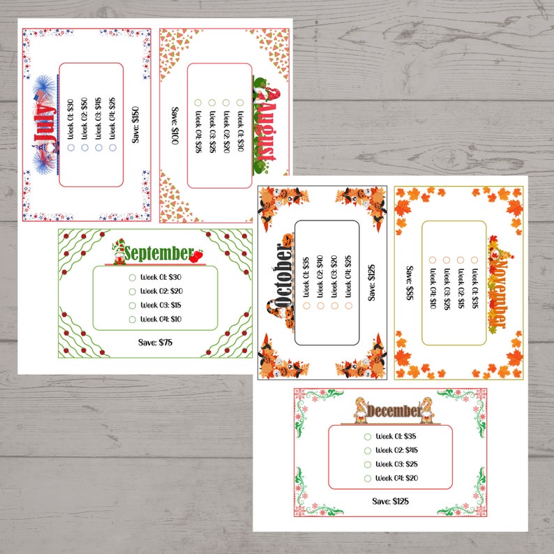 May include: A printable checklist for saving money on weekly groceries. The checklist is divided into months, with each month having a different color and design. The months included are July, August, September, October, November, and December. Each month has a list of weeks with a price for each week. The checklist also includes a total savings amount for each month.