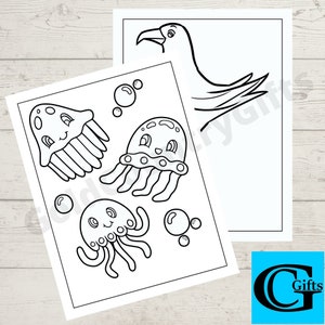 May include: Black and white colouring page featuring three jellyfish with cute faces and a seagull. The jellyfish have tentacles and bubbles around them.