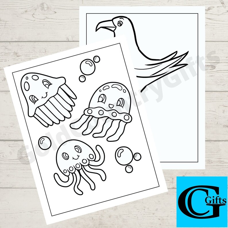 May include: Black and white colouring page featuring three jellyfish with cute faces and a seagull. The jellyfish have tentacles and bubbles around them.