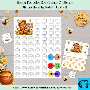 Pode incluir: Uma folha de desafio de poupança Honey Pot Color Dot de 21,59 cm por 27,94 cm, com um urso, filas de contornos de potes de mel para colorir e círculos coloridos rotulados D3, D4, D6, D8, D10 e D12 para acompanhar as economias.
