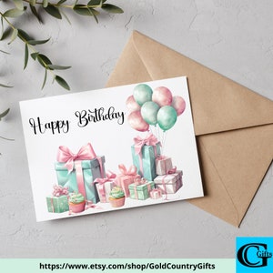 Printable Birthday Card with Presents, Happy Birthday Card, Balloons, Printable Greeting Card, Digital Download, Print at Home