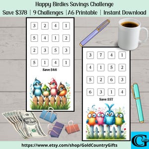 May include: Two printable savings challenges featuring bird illustrations. Text reads "Happy Birdies Savings Challenge" and "Save £378 | 9 Challenges | A6 Printable | Instant Download." Includes a pen, a coffee cup, money, and binder clips.