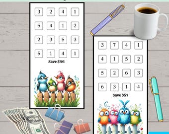 May include: Two printable savings challenges with bird illustrations. The text reads "Happy Birdies Savings Challenge" and "Save $378 | 9 Challenges | A6 Printable | Instant Download." Includes a pen, a cup of coffee, money, and binder clips.