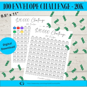 20K 100 Envelope Challenge, 20,000 Savings Tracker, 20K Savings Challenge, 20K Challenge Tracker, PDF Savings Tracker, Instant Download