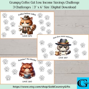 Mini Low Income Savings Challenge Printable, Grumpy Coffee Cat Savings Challenge, Cash Budget Challenge, Money Saving Tracker, Sinking Funds