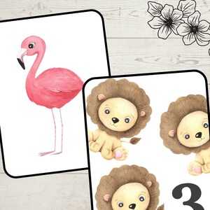 May include: Watercolor illustrations of a pink flamingo and three cartoon lion cubs. The flamingo has a black beak and is standing on thin legs. The lion cubs have brown manes and are sitting. The number "3" is also visible.