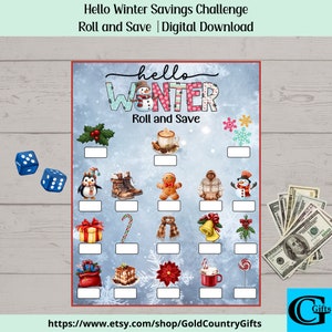 Printable Hello Winter Roll and Save Challenge, Money Savings Challenge, Money Challenge,  Dice, Instant Download, Printable PDF