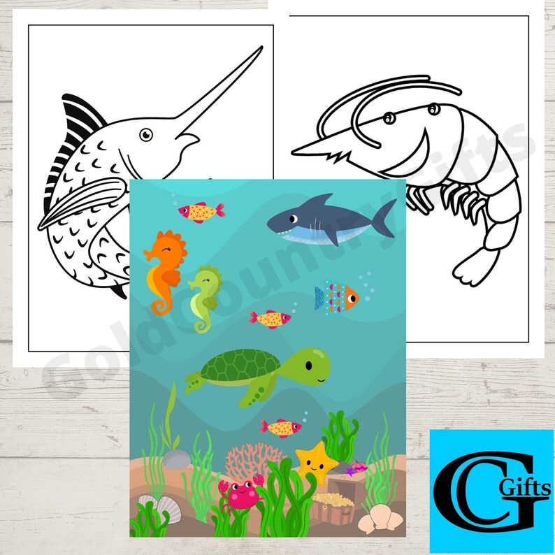 May include: A colouring page featuring a variety of sea creatures, including a shark, seahorse, turtle, and fish. The page is designed for children to colour in.