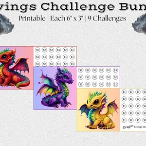 K&ouml;nnte beinhalten: Ein druckbares Spar-Challenge-Paket mit neun bunten Drachenillustrationen. Jede Karte misst 15,24 cm x 7,62 cm und enth&auml;lt ein Raster mit Dollarbetr&auml;gen f&uuml;r Sparziele. Der Text "Dragon Savings Challenge $45" befindet sich am unteren Rand des Bildes.