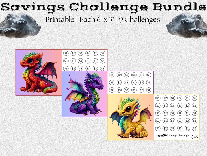 K&ouml;nnte beinhalten: Ein druckbares Spar-Challenge-Paket mit neun bunten Drachenillustrationen. Jede Karte misst 15,24 cm x 7,62 cm und enth&auml;lt ein Raster mit Dollarbetr&auml;gen f&uuml;r Sparziele. Der Text "Dragon Savings Challenge $45" befindet sich am unteren Rand des Bildes.