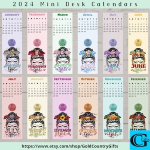 Digitale Mini Tischkalender 2024, Sofort Download, Printable, Messy Bun Month Girls, Office Kalender, Desktop Kalender, Monatskalender