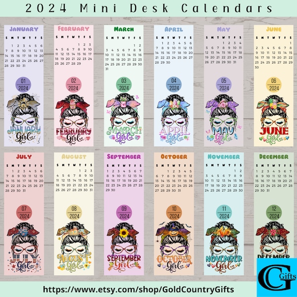 Digital 2024 Mini Desk Calendars, Instant Download, Printable, Messy Bun Month Girls, Office Calendar, Desktop Calendar, Monthly Calendar