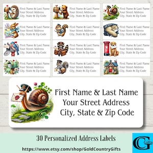 May include: A sheet of 30 personalized address labels. Each label features a whimsical illustration of animals delivering mail, such as a hedgehog, bear, and squirrel. The labels include space for the recipient's name and address.