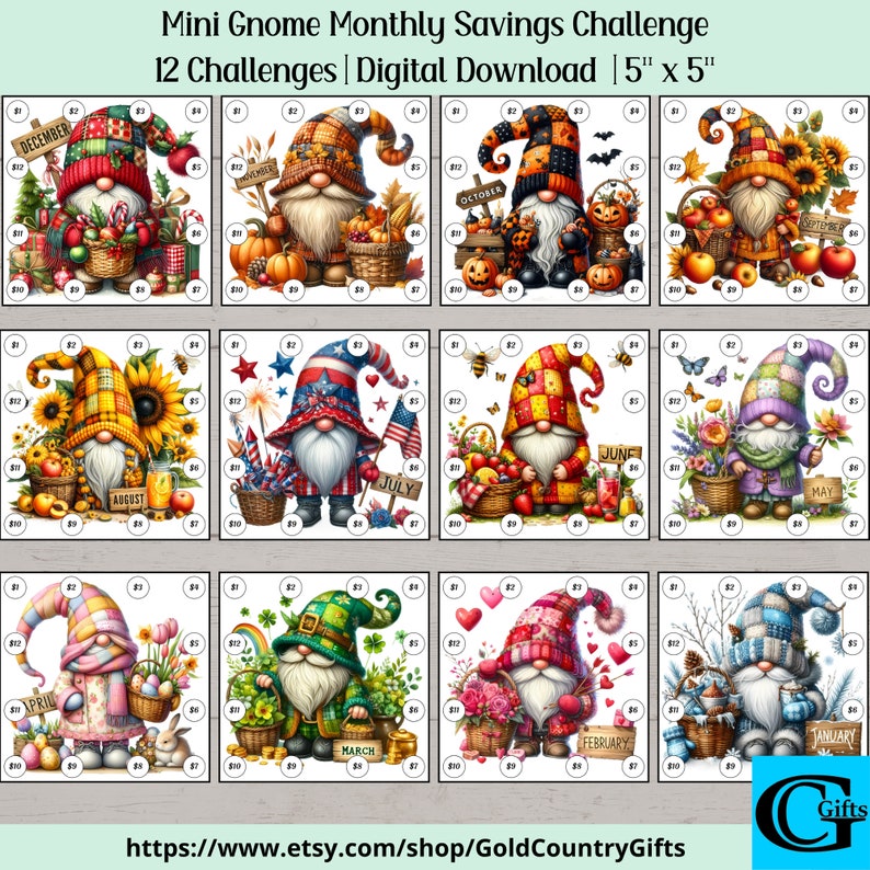 Mini Gnome Monthly Savings Challenge For Cash Envelopes, Savings Challenge Printable, Savings Tracker image 1