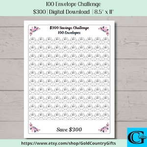 May include: A printable 8.5 by 11 inch sheet with 100 envelopes for a $300 savings challenge. The sheet has a floral design at the top and bottom. The text "$300 Savings Challenge 100 Envelopes" is at the top of the sheet. The text "Save $300" is at the bottom of the sheet.