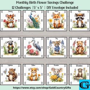 Monthly Birth Flower Savings Challenge Printable, Savings Challenge, Cash Budget Challenges, Envelope Challenge, Money Saving Tracker