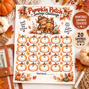 May include: A Pumpkin Patch Savings Challenge printable tracker featuring a highland cow and a jack-o'-lantern, with 20 numbered pumpkin icons for tracking savings, decorated with autumn leaves, berries, and the text Small Steps Big Dreams.