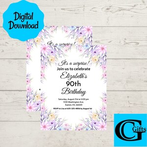 May include: A floral-themed birthday invitation with a white background and purple, pink, and yellow flowers. The text reads "It's a surprise! Join us to celebrate Elizabeth's 90th Birthday. Saturday, August 21st at 4:00 pm 1330 Washington Ave. Easton, KS. 66020 RSVP to Lisa at 620-325-4856 by August 1st"