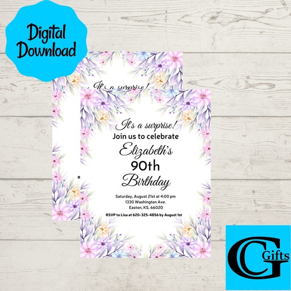 Floral 90th Birthday Invitation, Customized Party Invite (Digital Download)