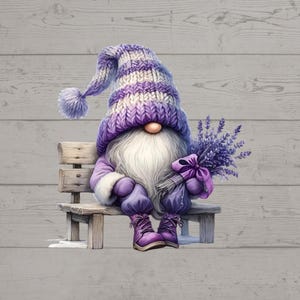 May include: A whimsical illustration of a garden gnome sitting on a wooden bench. The gnome wears a purple knit hat and matching outfit, holding a bouquet of lavender. The background is a light gray wood-grain pattern.