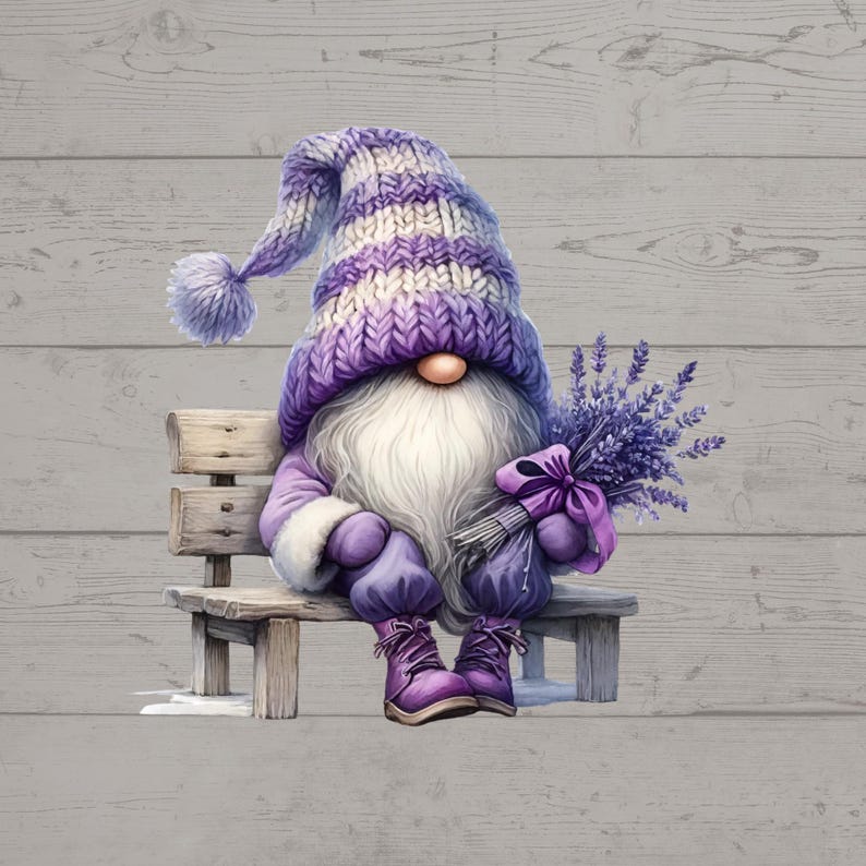 May include: A whimsical illustration of a garden gnome sitting on a wooden bench. The gnome wears a purple knit hat and matching outfit, holding a bouquet of lavender. The background is a light gray wood-grain pattern.