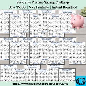 May include: Printable savings challenge sheets with circles numbered 1-30, designed to save $5500. Includes a pink piggy bank and the text "Basic & No Pressure Savings Challenge".