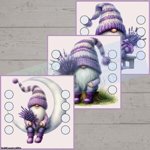 May include: Three images of whimsical gnomes with purple and white striped hats and outfits. One gnome sits on a crescent moon, another sits on a tree stump, and the third is near a lavender bouquet. The gnomes are holding lavender.