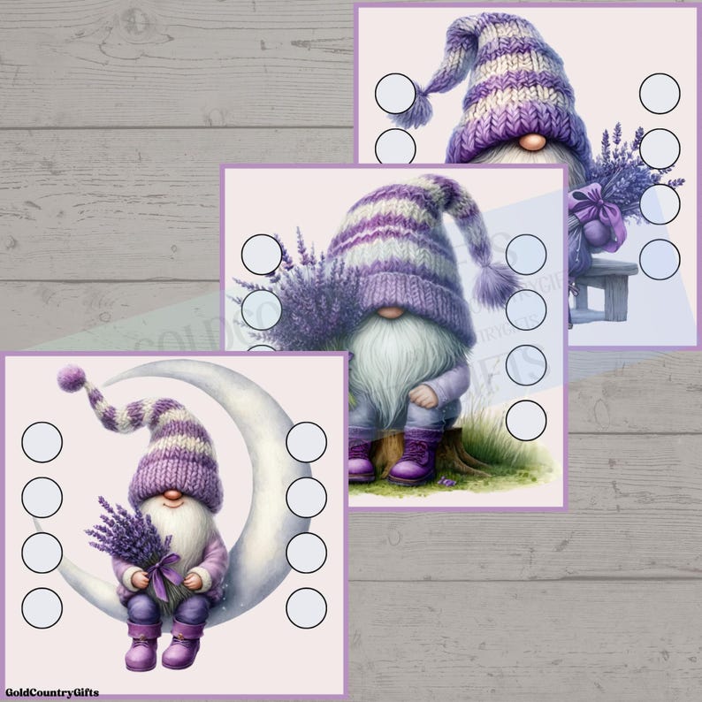 May include: Three images of whimsical gnomes with purple and white striped hats and outfits. One gnome sits on a crescent moon, another sits on a tree stump, and the third is near a lavender bouquet. The gnomes are holding lavender.