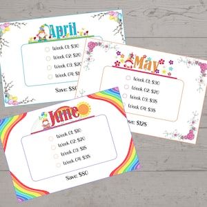 May include: Three colorful printable charts with a gnome illustration and rainbow design. Each chart lists weekly savings goals for April, May, and June with a total savings amount at the bottom.