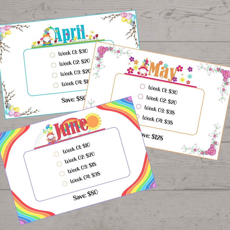 May include: Three colorful printable charts with a gnome illustration and rainbow design. Each chart lists weekly savings goals for April, May, and June with a total savings amount at the bottom.