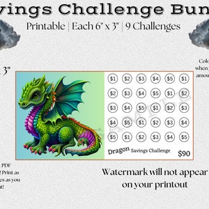 K&ouml;nnte beinhalten: Ein druckbarer Spar-Challenge-Chart mit einer Illustration eines gr&uuml;nen Drachen. Die Tabelle ist in ein Raster von 30 Kreisen unterteilt, wobei jeder Kreis einen Euro-Betrag von 1 &euro; bis 5 &euro; enth&auml;lt. Die Tabelle soll Menschen helfen, ihre Sparziele zu verfolgen. Der Text "Dragon Savings Challenge 90 &euro;" ist am unteren Rand der Tabelle gedruckt.