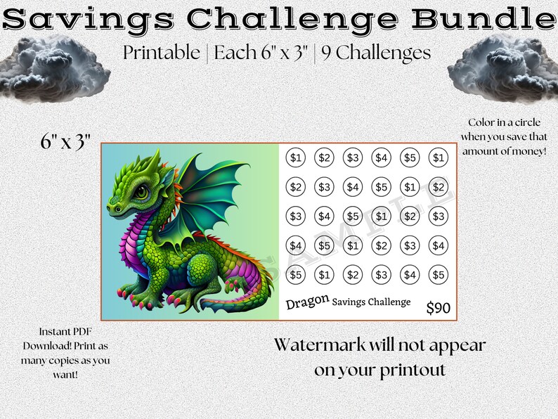 K&ouml;nnte beinhalten: Ein druckbarer Spar-Challenge-Chart mit einer Illustration eines gr&uuml;nen Drachen. Die Tabelle ist in ein Raster von 30 Kreisen unterteilt, wobei jeder Kreis einen Euro-Betrag von 1 &euro; bis 5 &euro; enth&auml;lt. Die Tabelle soll Menschen helfen, ihre Sparziele zu verfolgen. Der Text "Dragon Savings Challenge 90 &euro;" ist am unteren Rand der Tabelle gedruckt.