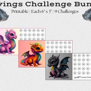 K&ouml;nnte beinhalten: Ein Satz von neun druckbaren Spar-Challenge-Karten mit bunten Drachen. Jede Karte ist 15,24 cm x 7,62 cm gro&szlig; und enth&auml;lt ein Raster mit Dollarbetr&auml;gen, um Sparziele zu verfolgen. Die Karten sind mit "Dragon Savings Challenge" betitelt und kosten 70 $.