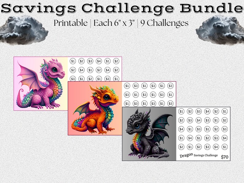 K&ouml;nnte beinhalten: Ein Satz von neun druckbaren Spar-Challenge-Karten mit bunten Drachen. Jede Karte ist 15,24 cm x 7,62 cm gro&szlig; und enth&auml;lt ein Raster mit Dollarbetr&auml;gen, um Sparziele zu verfolgen. Die Karten sind mit "Dragon Savings Challenge" betitelt und kosten 70 $.