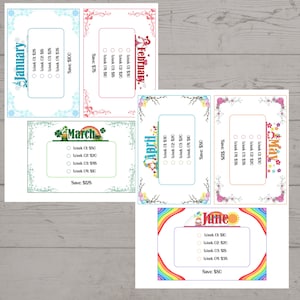 May include: A set of printable monthly budget trackers with colorful borders and floral designs. Each month has a different color scheme and features a week-by-week budget tracker with a total savings amount at the bottom.