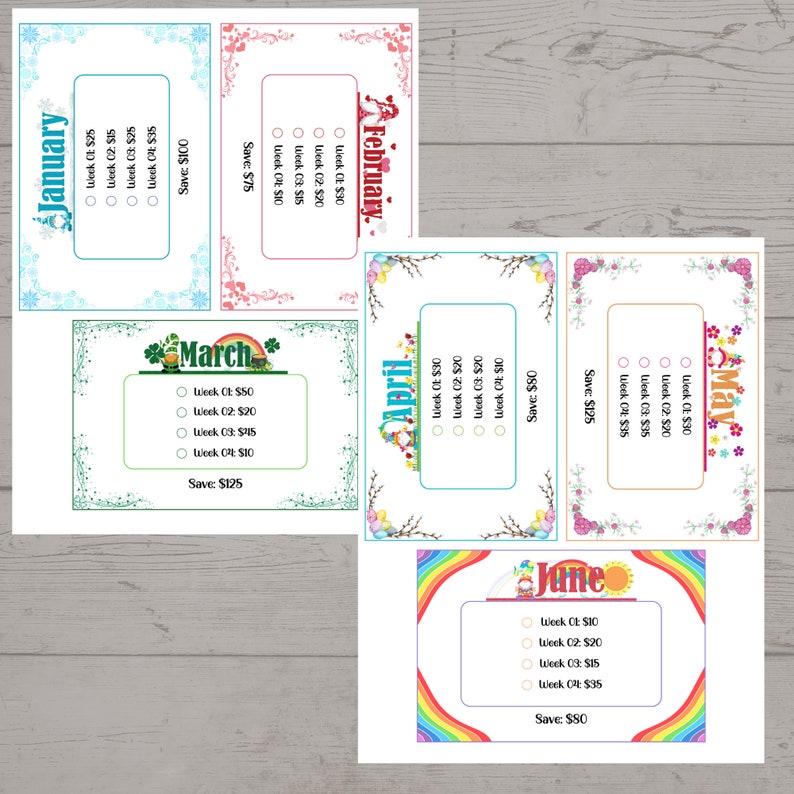 May include: A set of printable monthly budget trackers with colorful borders and floral designs. Each month has a different color scheme and features a week-by-week budget tracker with a total savings amount at the bottom.