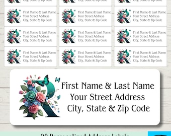 Personalized Address Labels, Blue Roses & Butterflies Monogram, Custom Address Labels, Custom Labels, 30 Address Labels