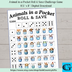 Printable Animal in a Pocket Roll The Dice Savings Challenge Game, Money Savings Challenge, Dice, Instant Download, Printable PDF