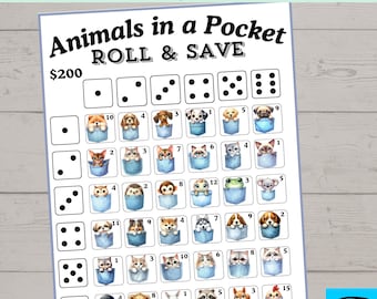 Printable Animal in a Pocket Roll The Dice Savings Challenge Game, Money Savings Challenge, Dice, Instant Download, Printable PDF