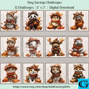 Puede incluir: Descarga digital de 12 Tiny Savings Challenges, cada una de 7,6 cm por 7,6 cm. Cada tarjeta presenta un animal adorable diferente vestido con atuendo de otoño, rodeado de calabazas y hojas de otoño. Las tarjetas tienen círculos para rastrear los ahorros.