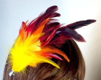 Phoenix Bird Feather Hair Clip Fascinator - Red Orange Yellow Black