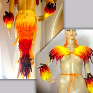 Deluxe 4 Piece Phoenix Costume Set - Orange, Yellow, Red, and Black Natural Feather Fire Collar, Cuffs, and Tail