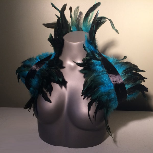 Blue / Teal Glistening Natural Feather Wrap Top Nature Fairy Shoulder Shrug