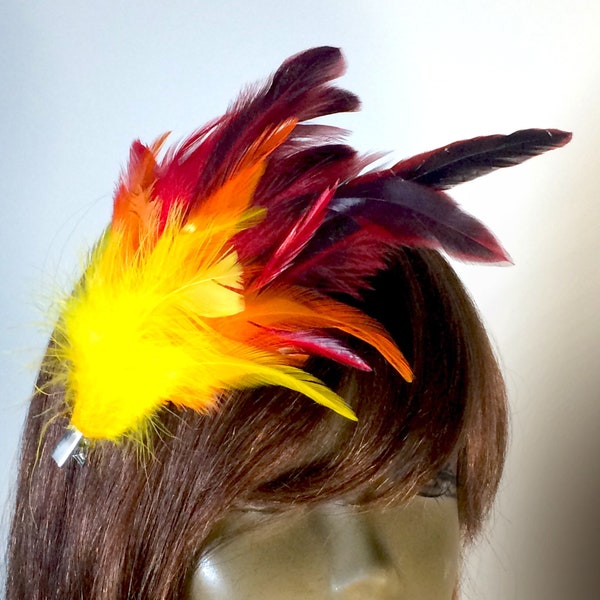 Phoenix Bird Feather Hair Clip Fascinator - Red Orange Yellow Black